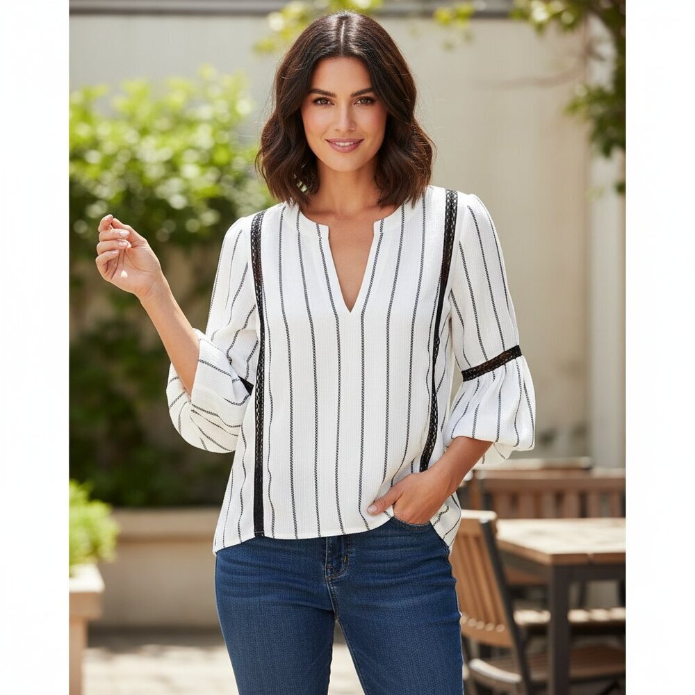 SANCIA Sigrid Striped V Neck Sheer Blouse Top NWT